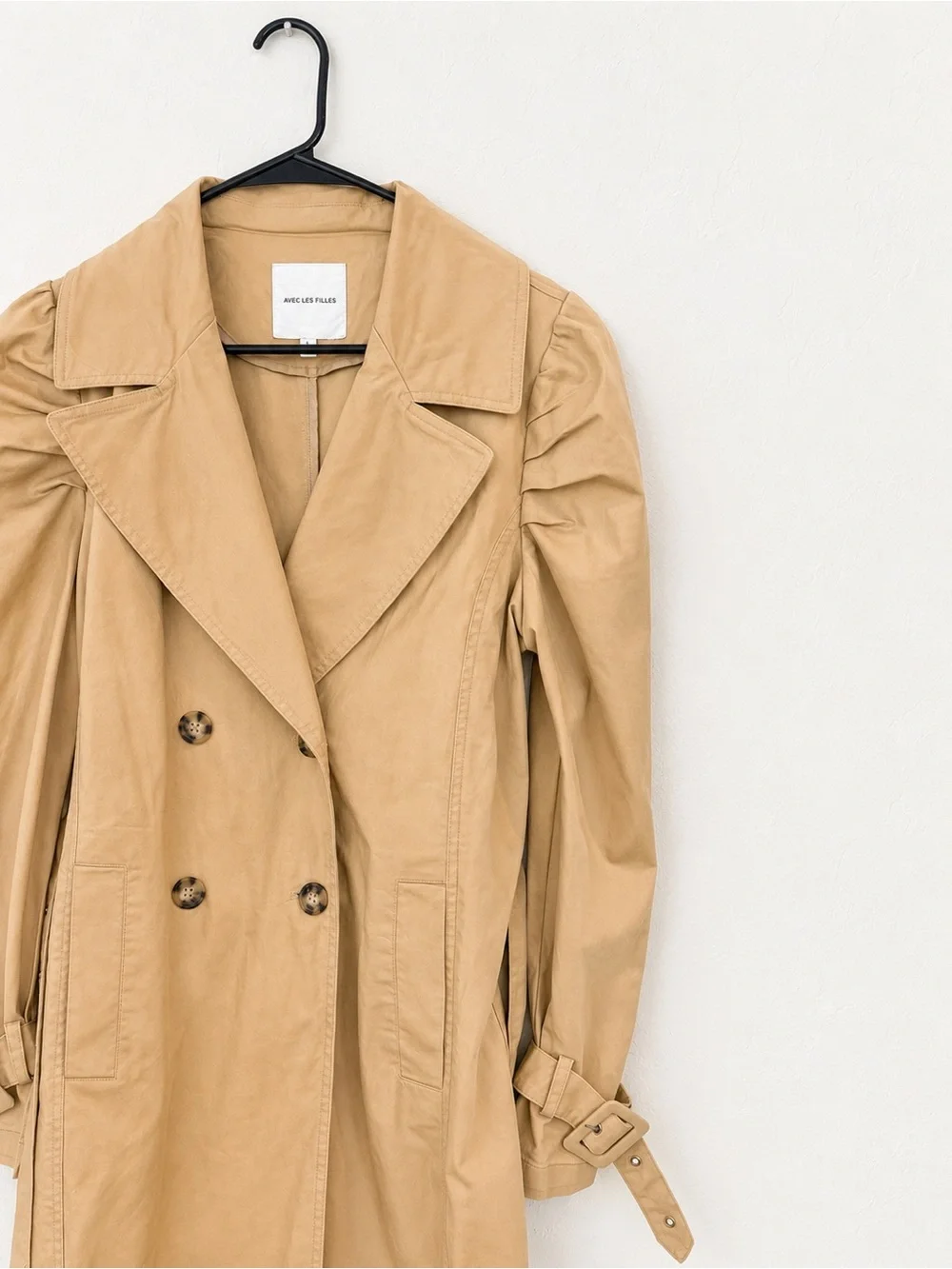Avec Les Filles Tan Trench Coat Puff Sleeve Double-Breasted Belted Jacket. Large - Picture 3 of 4